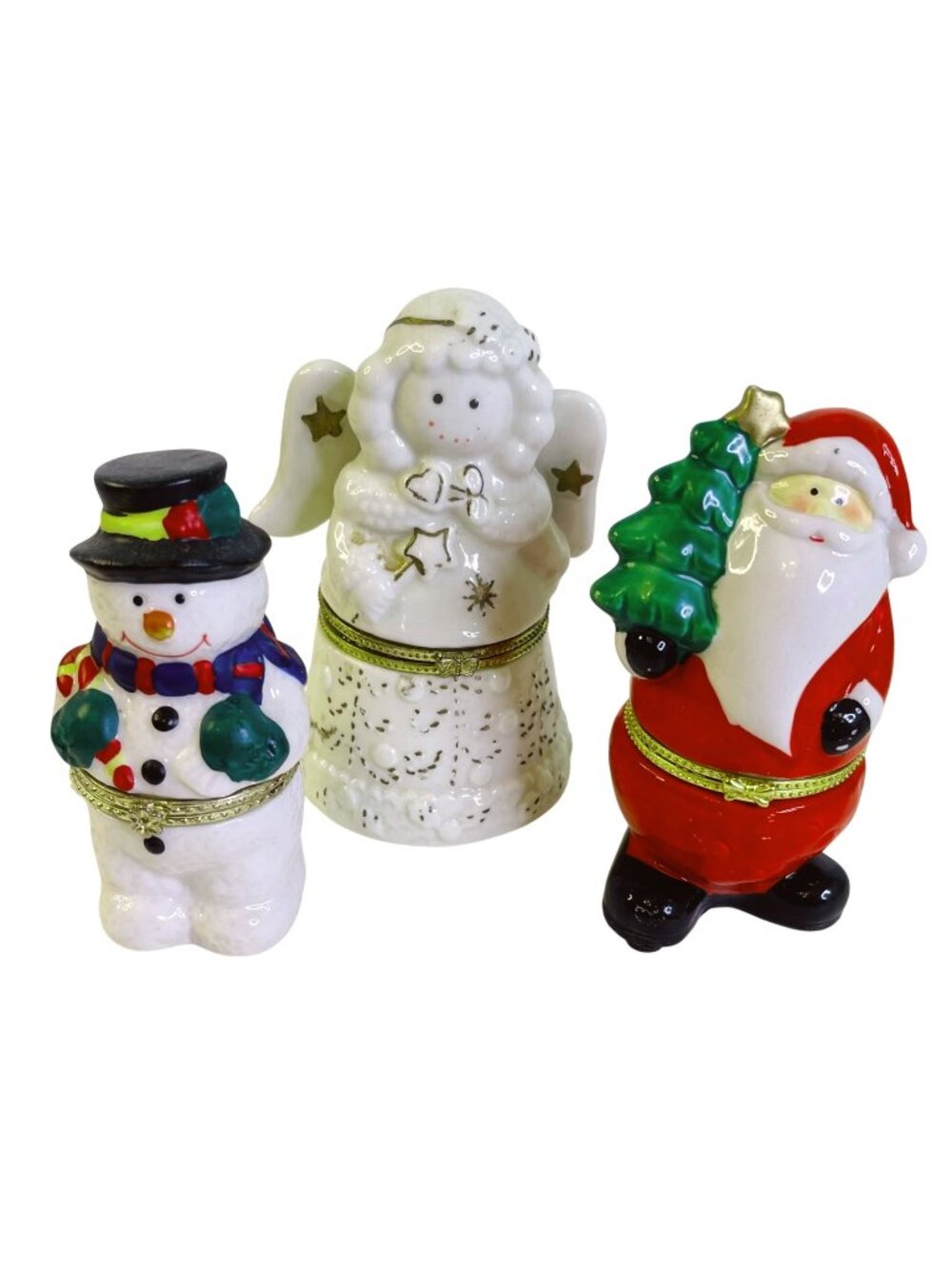 Vintage Christmas Hinged Porcelain Trinket Boxes Set of 3 Santa Snowman Angel